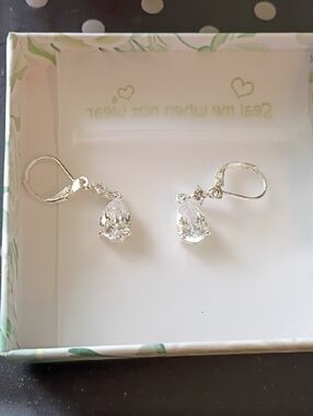 Silver Tone Teardrop Crystal Dangle Earrings - Clear